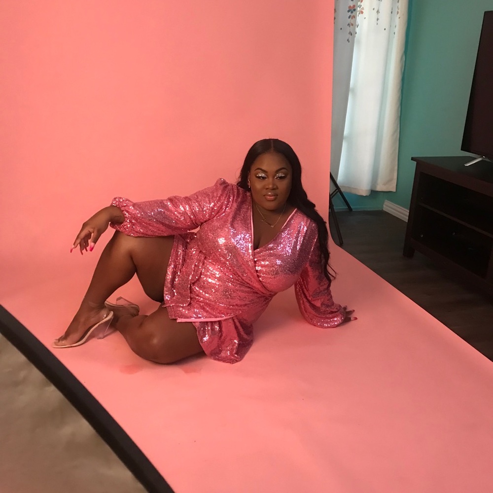 MISSPAP Plus Pink Sequin Balloon Sleeve Wrap Dress